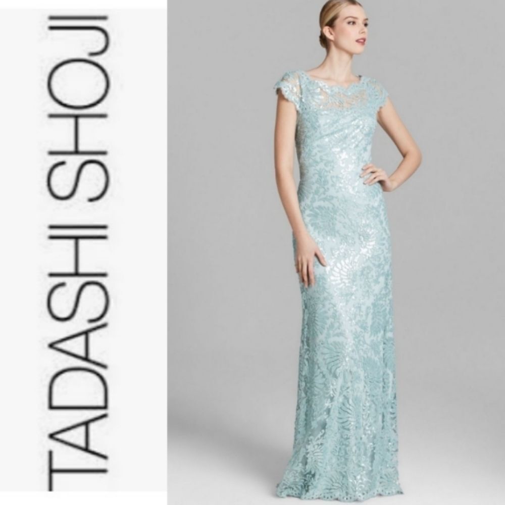 Tadashi Shoji Light Blue Shoji Gown Cap Sleeve Illusion Neckline Sequin Lace